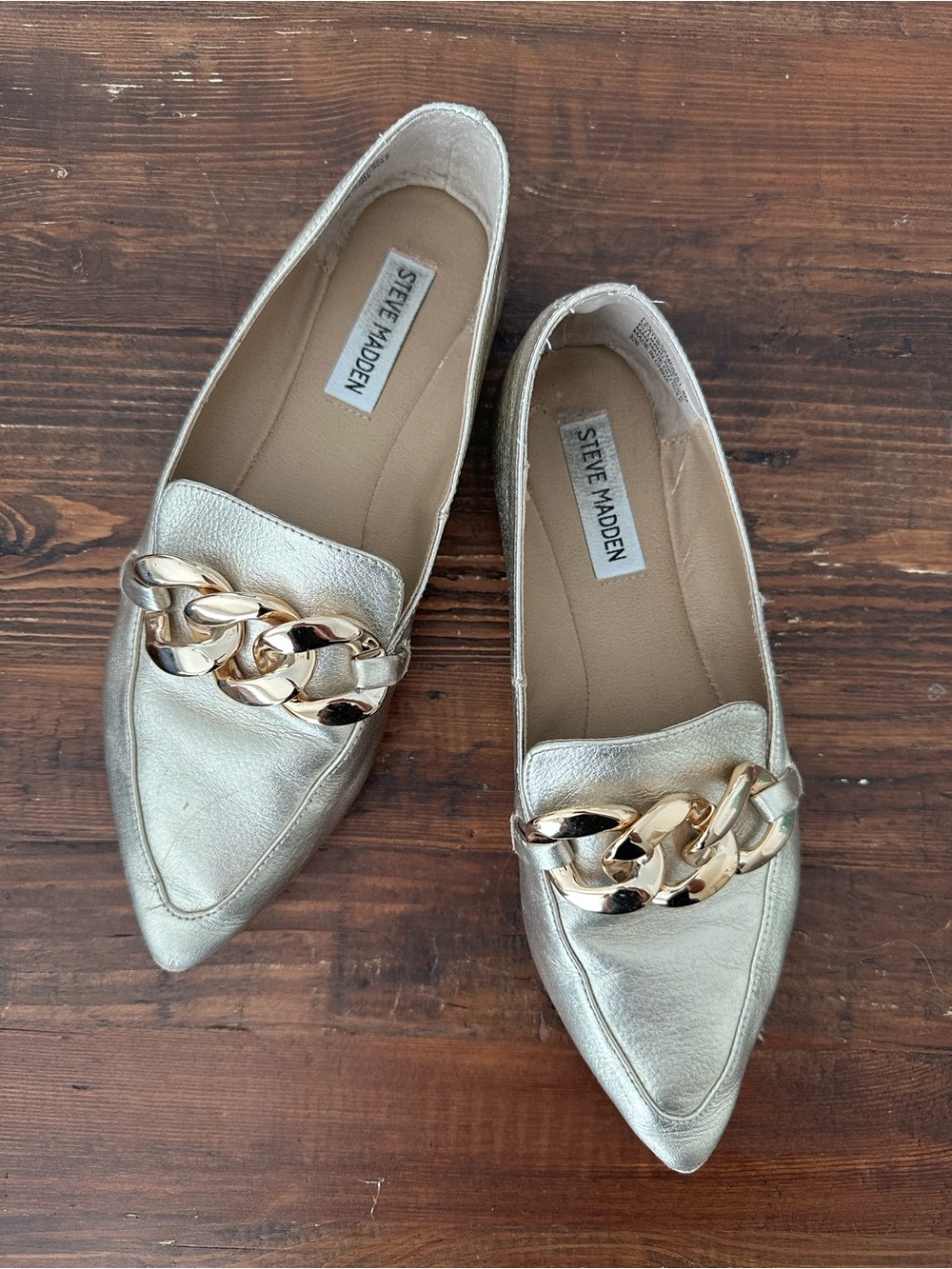 Steve Madden Metallic Gold Pointed Loafers with Chain Accent